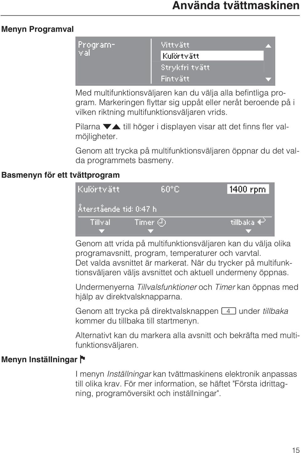 Genom att trycka på multifunktionsväljaren öppnar du det valda programmets basmeny.