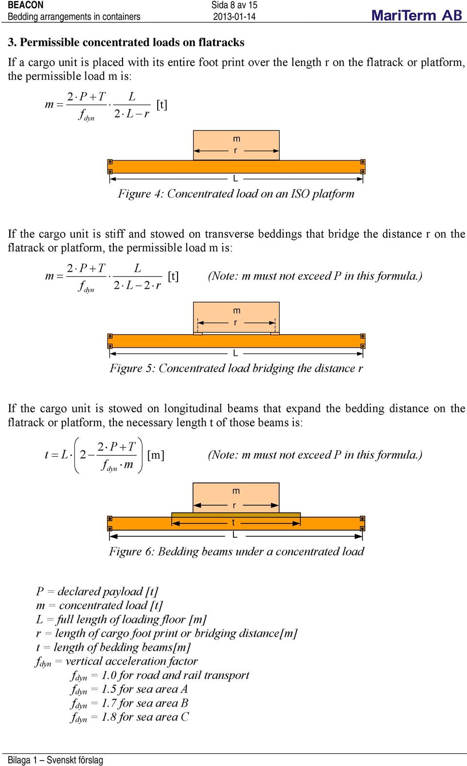 Concentated load on an ISO platfom If the cago unit is stiff and stowed on tansvese beddings that bidge the distance on the flatack o platfom, the pemissible load m is: 2 P T L m f 2 L 2 dyn [t]