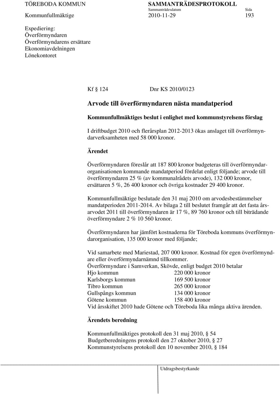 Ärendet Överförmyndaren föreslår att 187 800 kronor budgeteras till överförmyndarorganisationen kommande mandatperiod fördelat enligt följande; arvode till överförmyndaren 25 % (av kommunalrådets