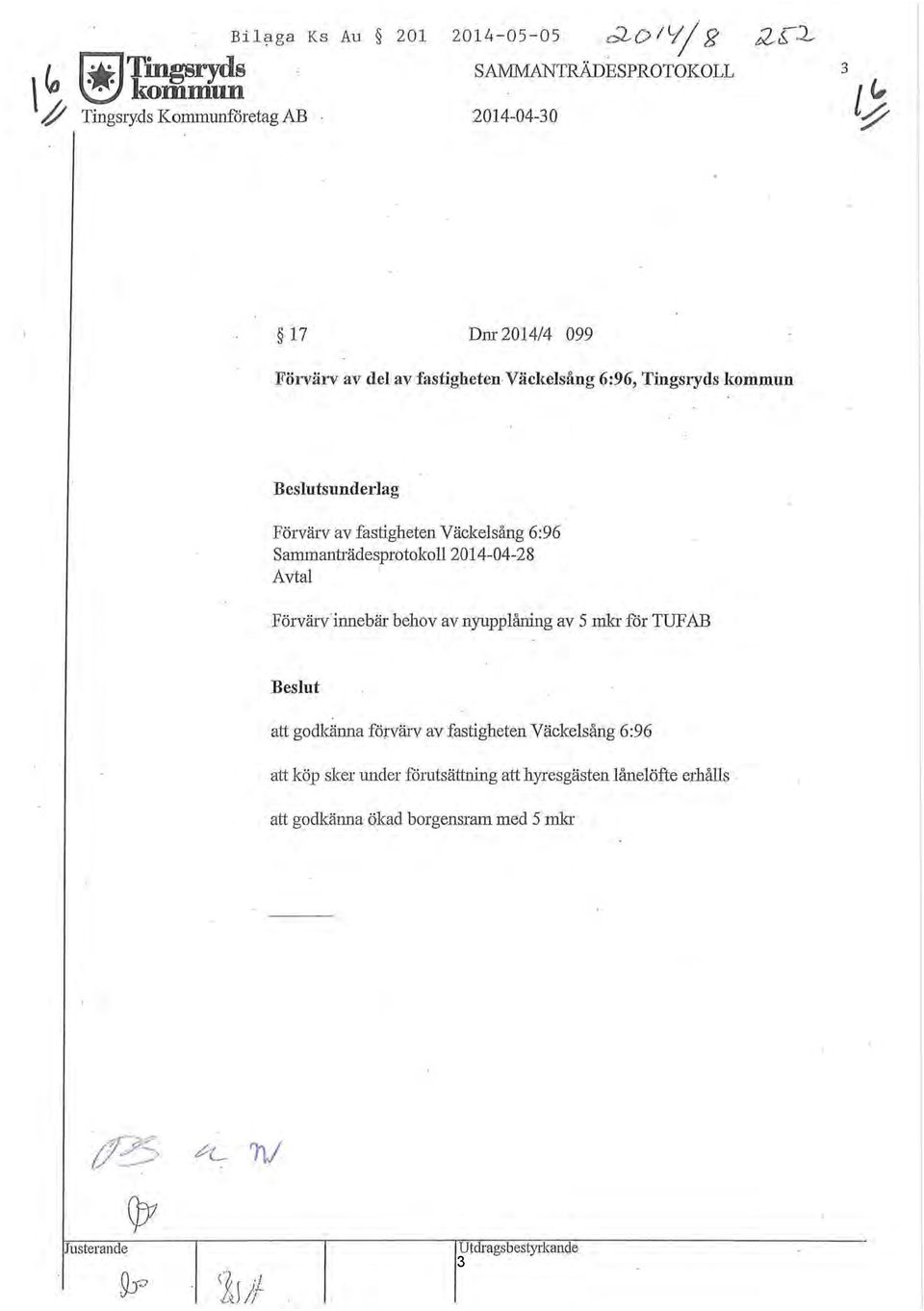 Tingsryds kommun Beslutsunderlag Förvärv av fastigheten Väckelsång 6:96 Sammanträdesprotokoll2014-04-28 Avtal Förvärv innebär behov av