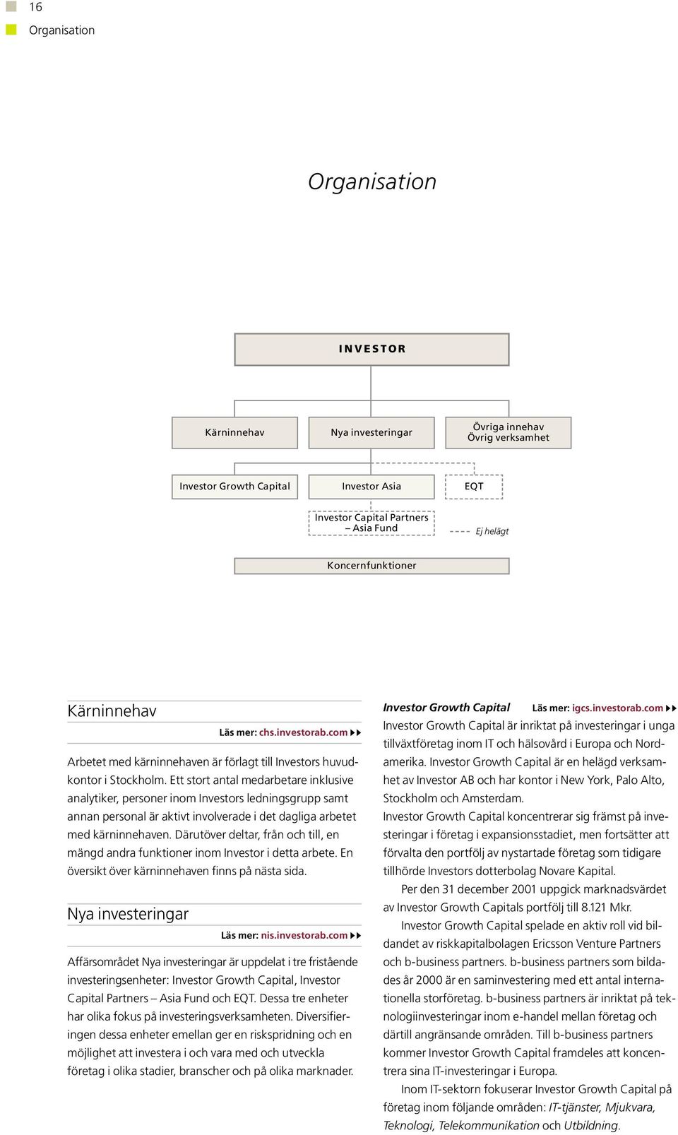 Ett stort antal medarbetare inklusive analytiker, personer inom Investors ledningsgrupp samt annan personal är aktivt involverade i det dagliga arbetet med kärninnehaven.