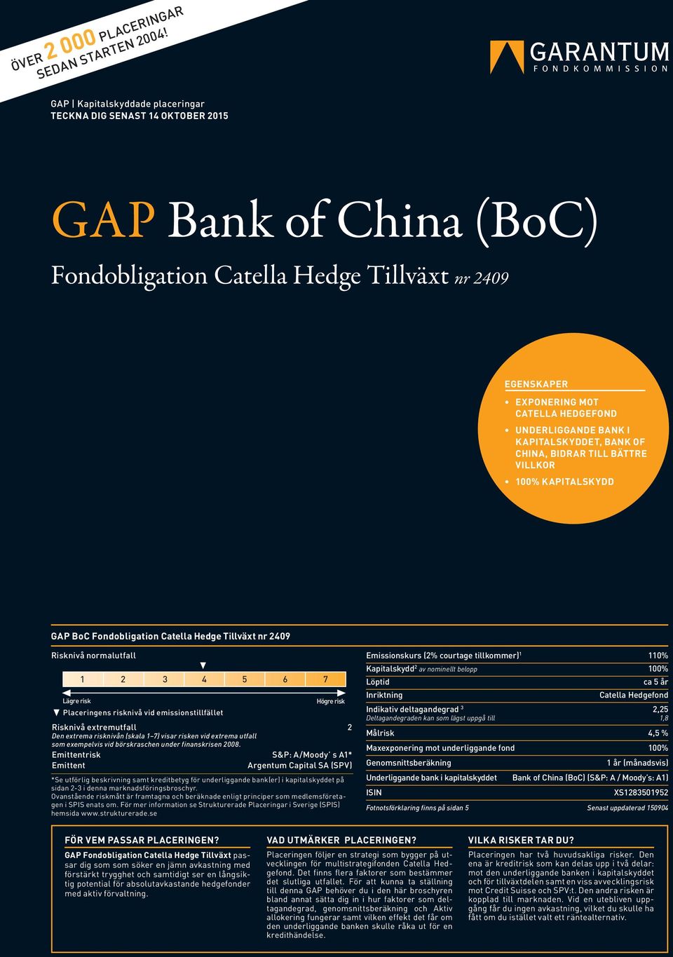 I KAPITALSKYDDET, BANK OF CHINA, BIDRAR TILL BÄTTRE VILLKOR 100% KAPITALSKYDD GAP BoC Fondobligation Catella Hedge Tillväxt nr 2409 Risknivå normalutfall Lägre risk 1 2 3 4 5 6 7 Placeringens