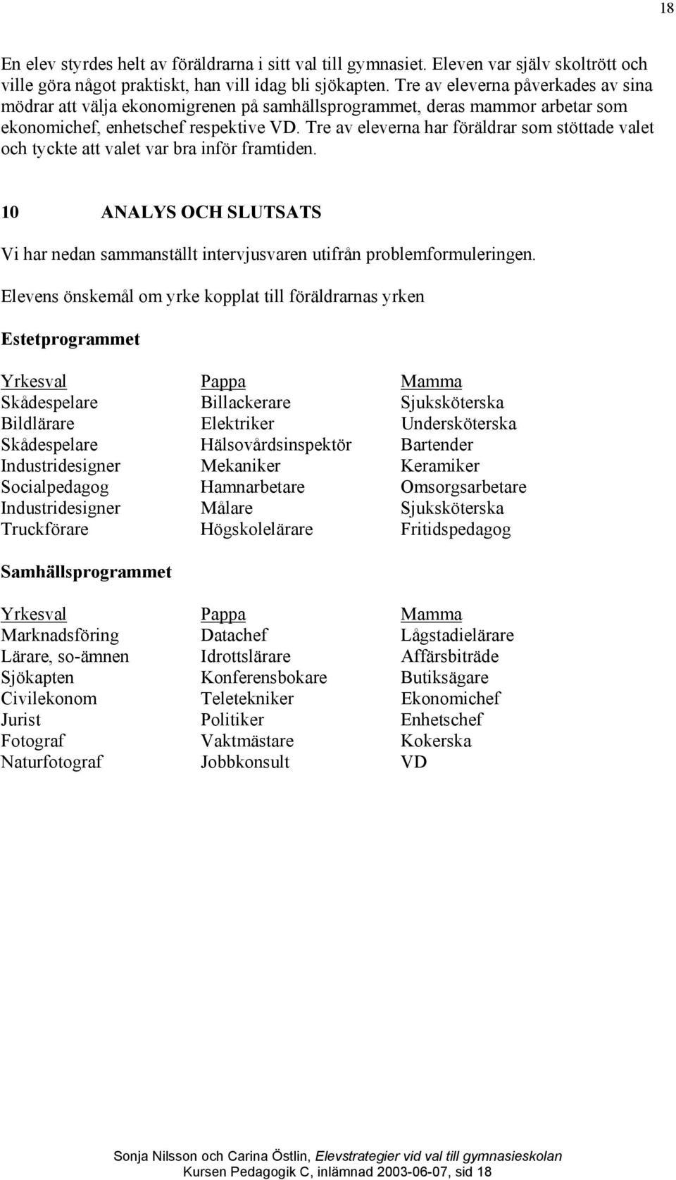 Tre av eleverna har föräldrar som stöttade valet och tyckte att valet var bra inför framtiden. 10 ANALYS OCH SLUTSATS Vi har nedan sammanställt intervjusvaren utifrån problemformuleringen.