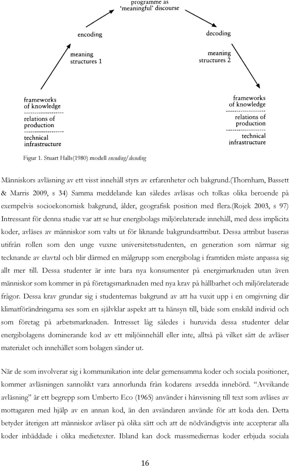 (rojek 2003, s 97) Intressant för denna studie var att se hur energibolags miljörelaterade innehåll, med dess implicita koder, avläses av människor som valts ut för liknande bakgrundsattribut.