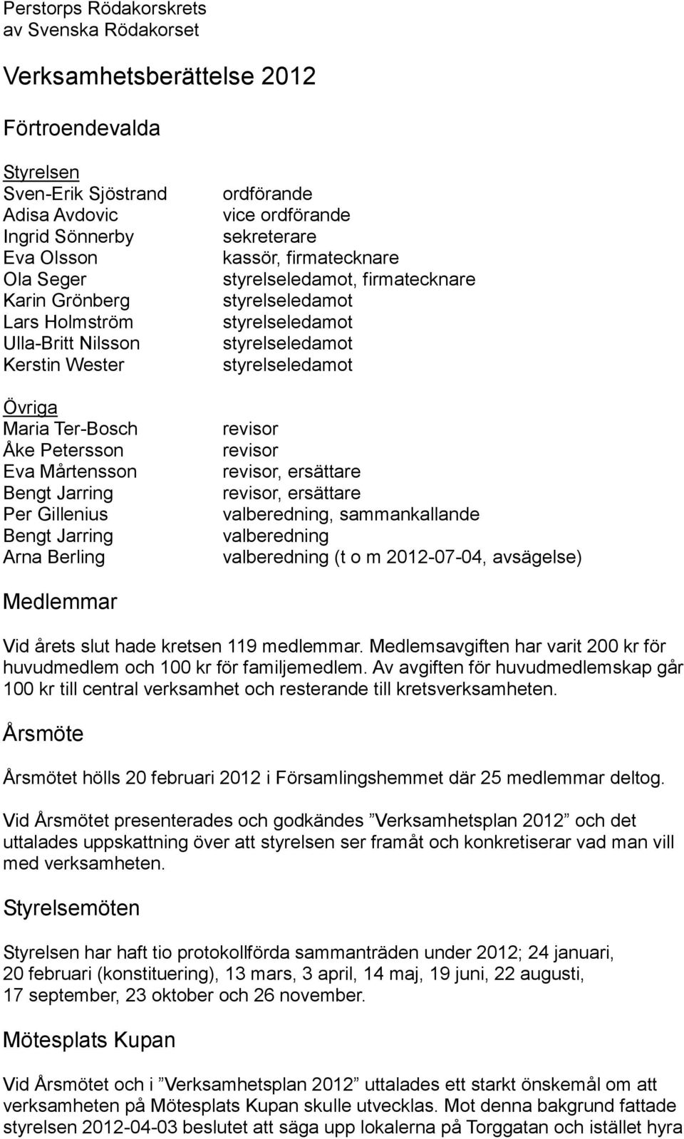 firmatecknare, firmatecknare revisor revisor revisor, ersättare revisor, ersättare valberedning, sammankallande valberedning valberedning (t o m 2012-07-04, avsägelse) Medlemmar Vid årets slut hade