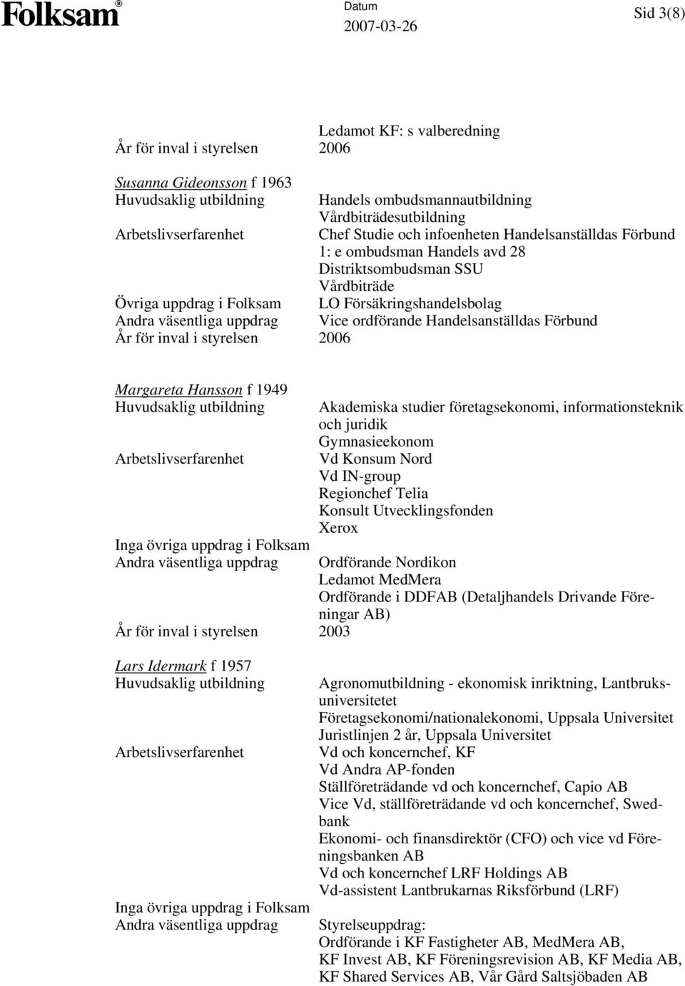 Hansson f 1949 År för inval i styrelsen 2003 Akademiska studier företagsekonomi, informationsteknik och juridik Gymnasieekonom Vd Konsum Nord Vd IN-group Regionchef Telia Konsult Utvecklingsfonden