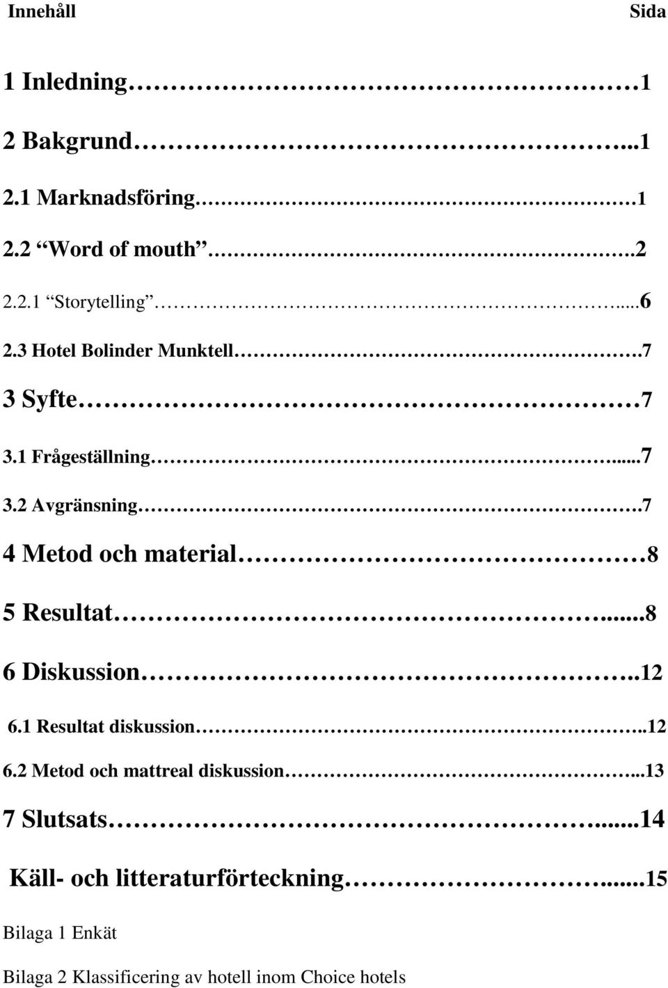 7 4 Metod och material 8 5 Resultat...8 6 Diskussion..12 6.1 Resultat diskussion..12 6.2 Metod och mattreal diskussion.