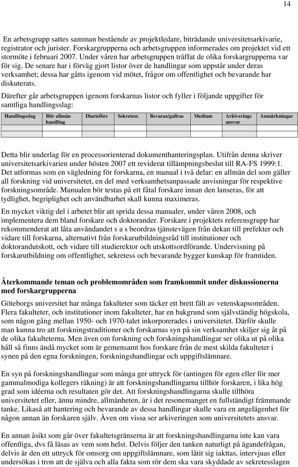 De senare har i förväg gjort listor över de handlingar som uppstår under deras verksamhet; dessa har gåtts igenom vid mötet, frågor om offentlighet och bevarande har diskuterats.