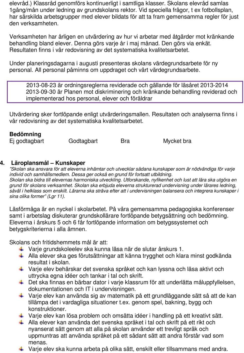 Verksamheten har årligen en utvärdering av hur vi arbetar med åtgärder mot kränkande behandling bland elever. Denna görs varje år i maj månad. Den görs via enkät.