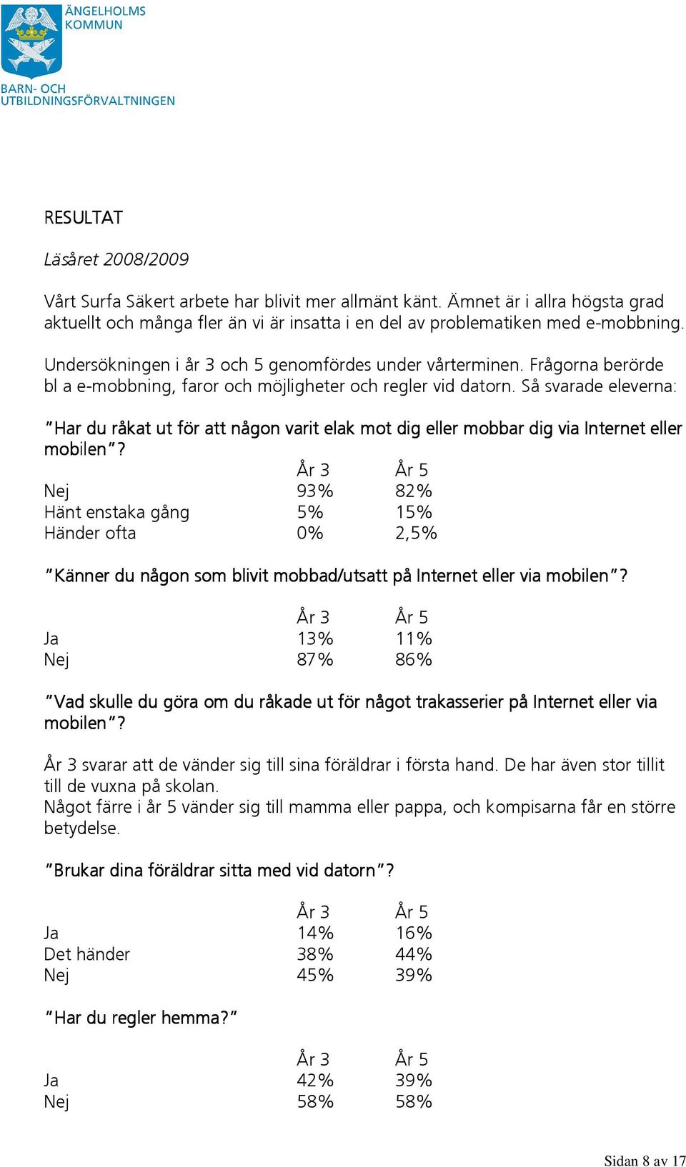 Så svarade eleverna: Har du råkat ut för att någon varit elak mot dig eller mobbar dig via Internet eller mobilen?