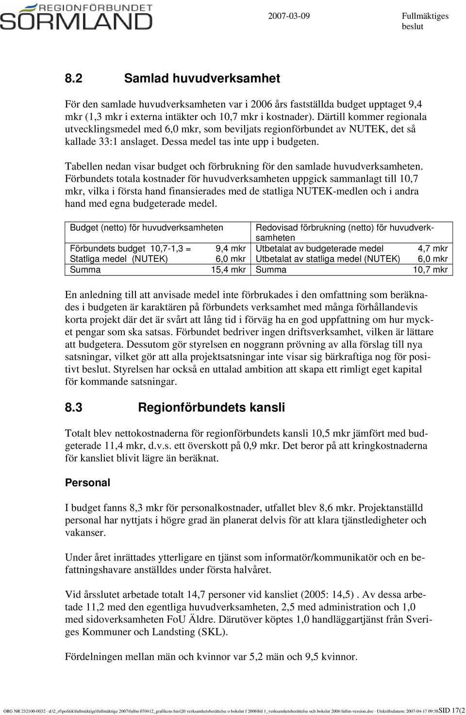 Tabellen nedan visar budget och förbrukning för den samlade huvudverksamheten.