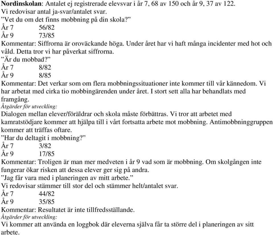 År 7 8/82 År 9 8/85 Kommentar: Det verkar som om flera mobbningssituationer inte kommer till vår kännedom. Vi har arbetat med cirka tio mobbingärenden under året.