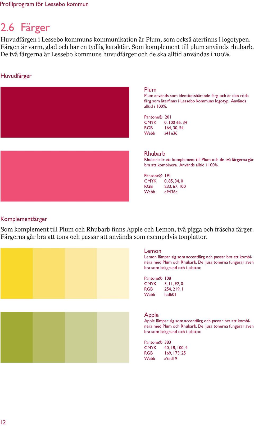 Används alltid i 100%. Pantone 201 CMYK 0, 100 65, 34 RGB 164, 30, 54 Webb a41e36 Rhubarb Rhubarb är ett komplement till Plum och de två färgerna går bra att kombinera. Används alltid i 100%.