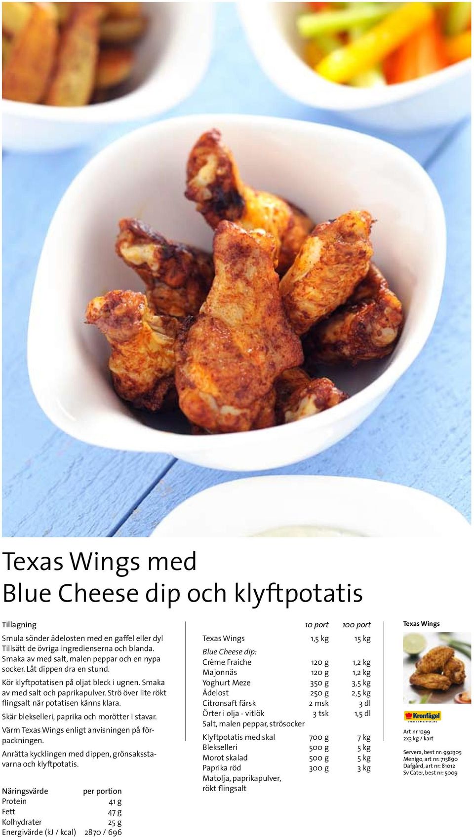 Skär blekselleri, paprika och morötter i stavar. Värm Texas Wings enligt anvisningen på förpackningen. Anrätta kycklingen med dippen, grönsaksstavarna och klyftpotatis.