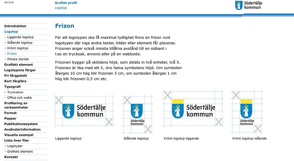 Frizonen bygger på sköldens höjd, som delats in två enheter, två X. Frizonen är lika med ett X, dvs halva symbolens höjd.
