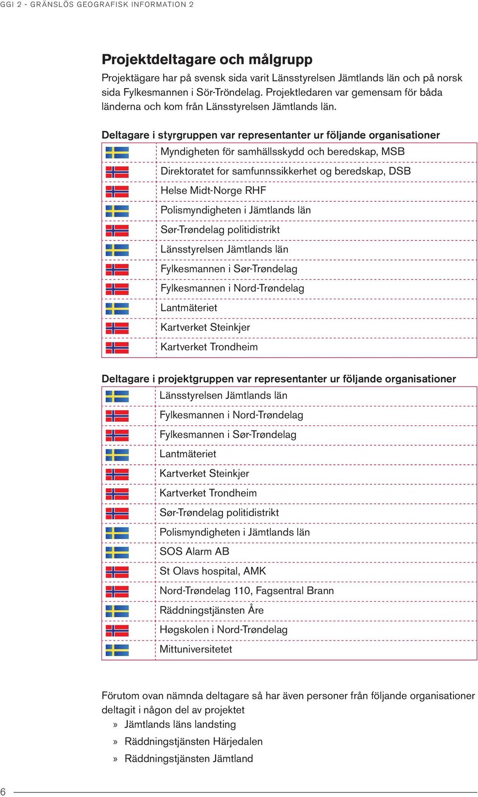 Deltagare i styrgruppen var representanter ur följande organisationer Myndigheten för samhällsskydd och beredskap, MSB Direktoratet for samfunnssikkerhet og beredskap, DSB Helse Midt-Norge RHF