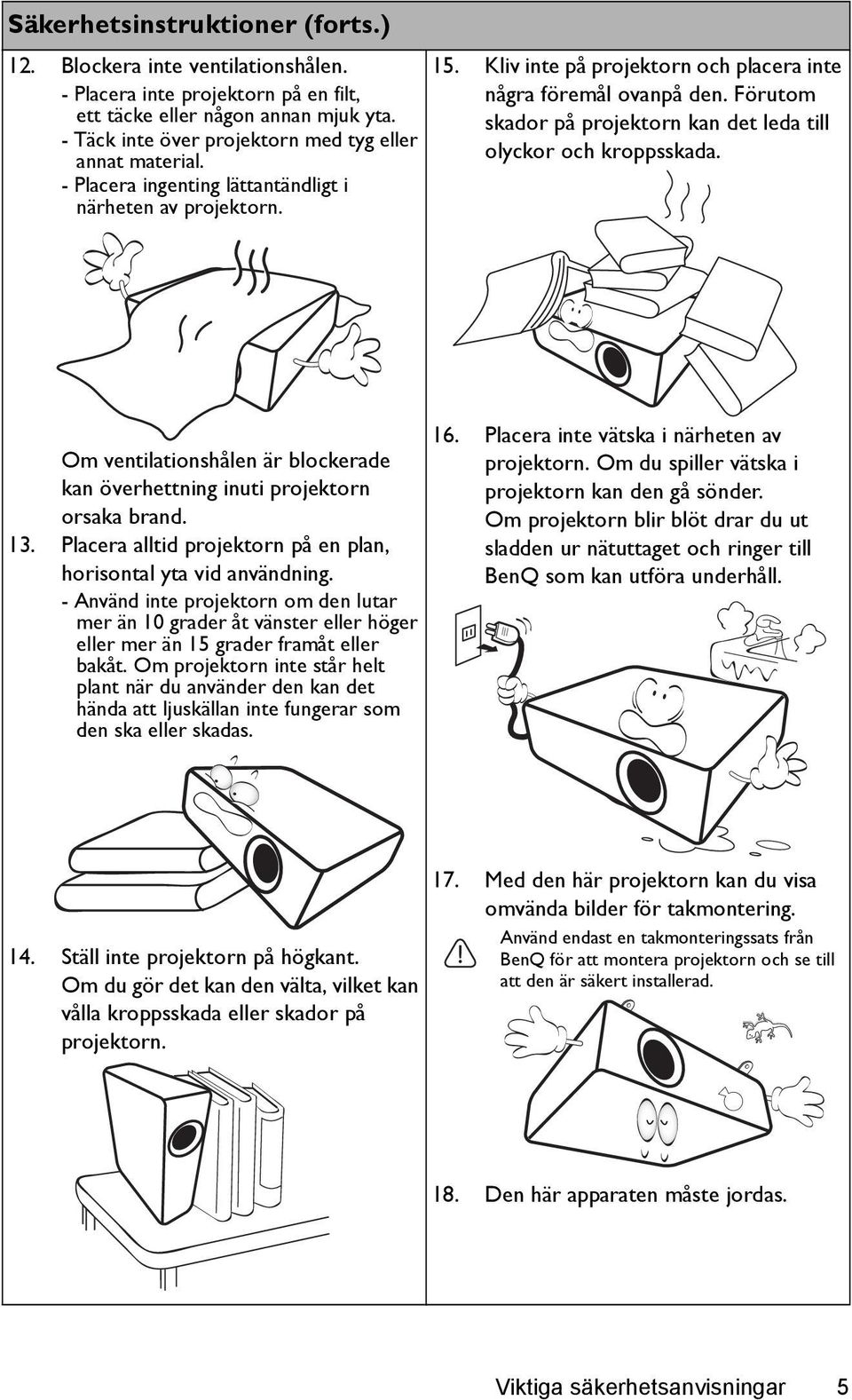 Förutom skador på projektorn kan det leda till olyckor och kroppsskada. Om ventilationshålen är blockerade kan överhettning inuti projektorn orsaka brand. 13.