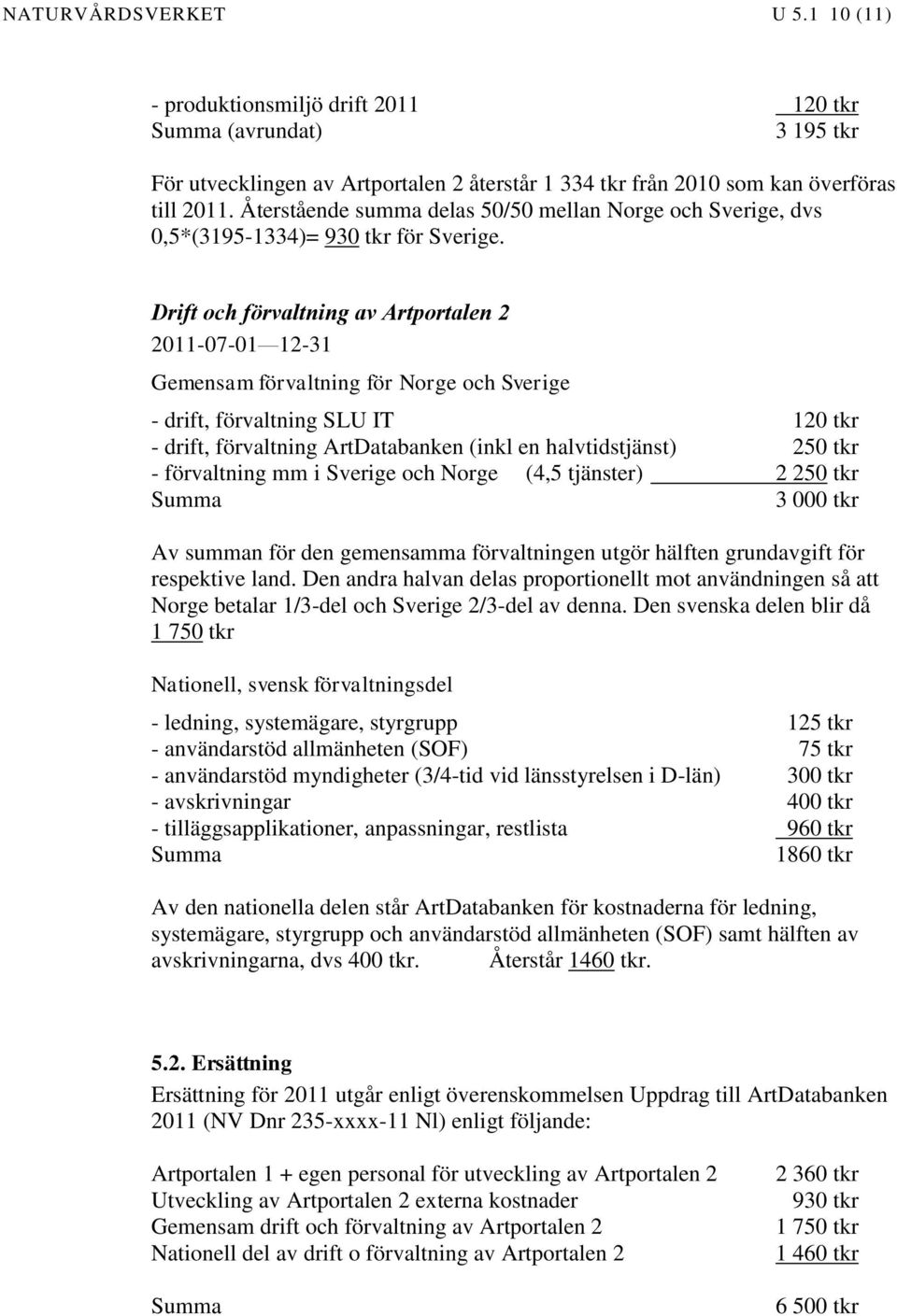 Drift och förvaltning av Artportalen 2 2011-07-01 12-31 Gemensam förvaltning för Norge och Sverige - drift, förvaltning SLU IT 120 tkr - drift, förvaltning ArtDatabanken (inkl en halvtidstjänst) 250