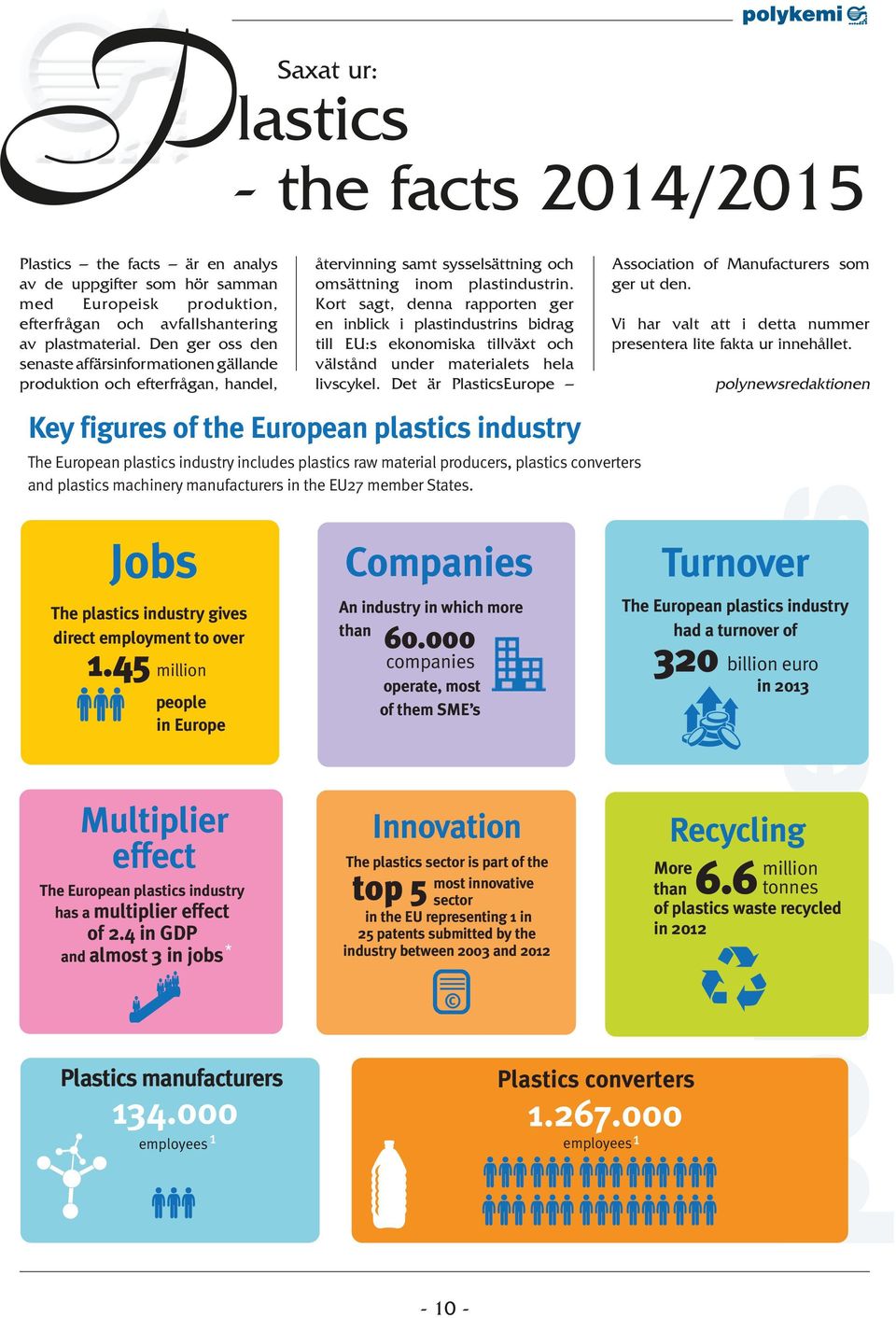 Kort sagt, denna rapporten ger en inblick i plastindustrins bidrag till EU:s ekonomiska tillväxt och välstånd under materialets hela livscykel.