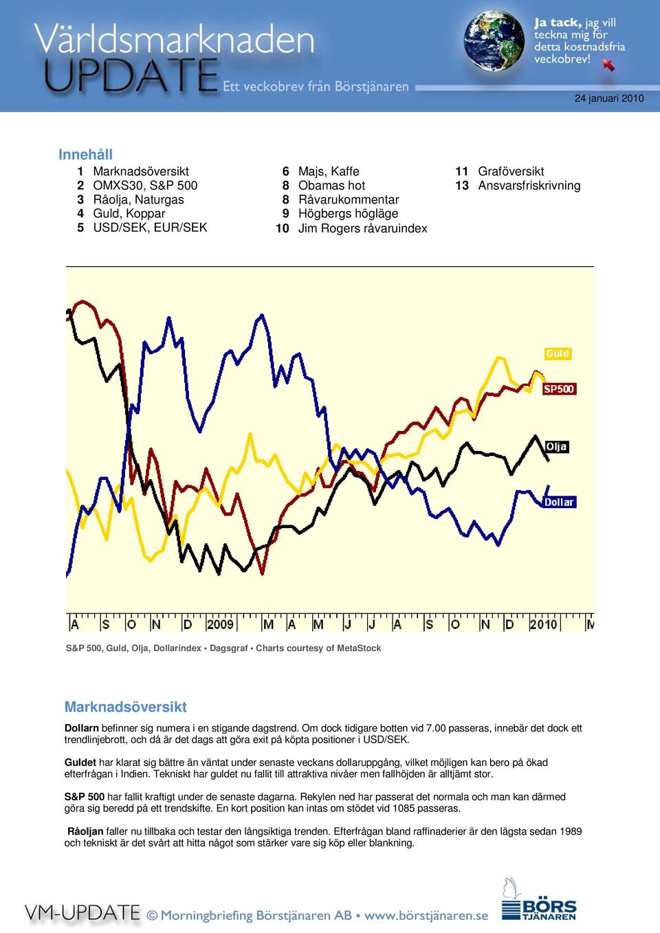 Om dock tidigare botten vid 7.00 passeras, innebär det dock ett trendlinjebrott, och då är det dags att göra exit på köpta positioner i USD/SEK.