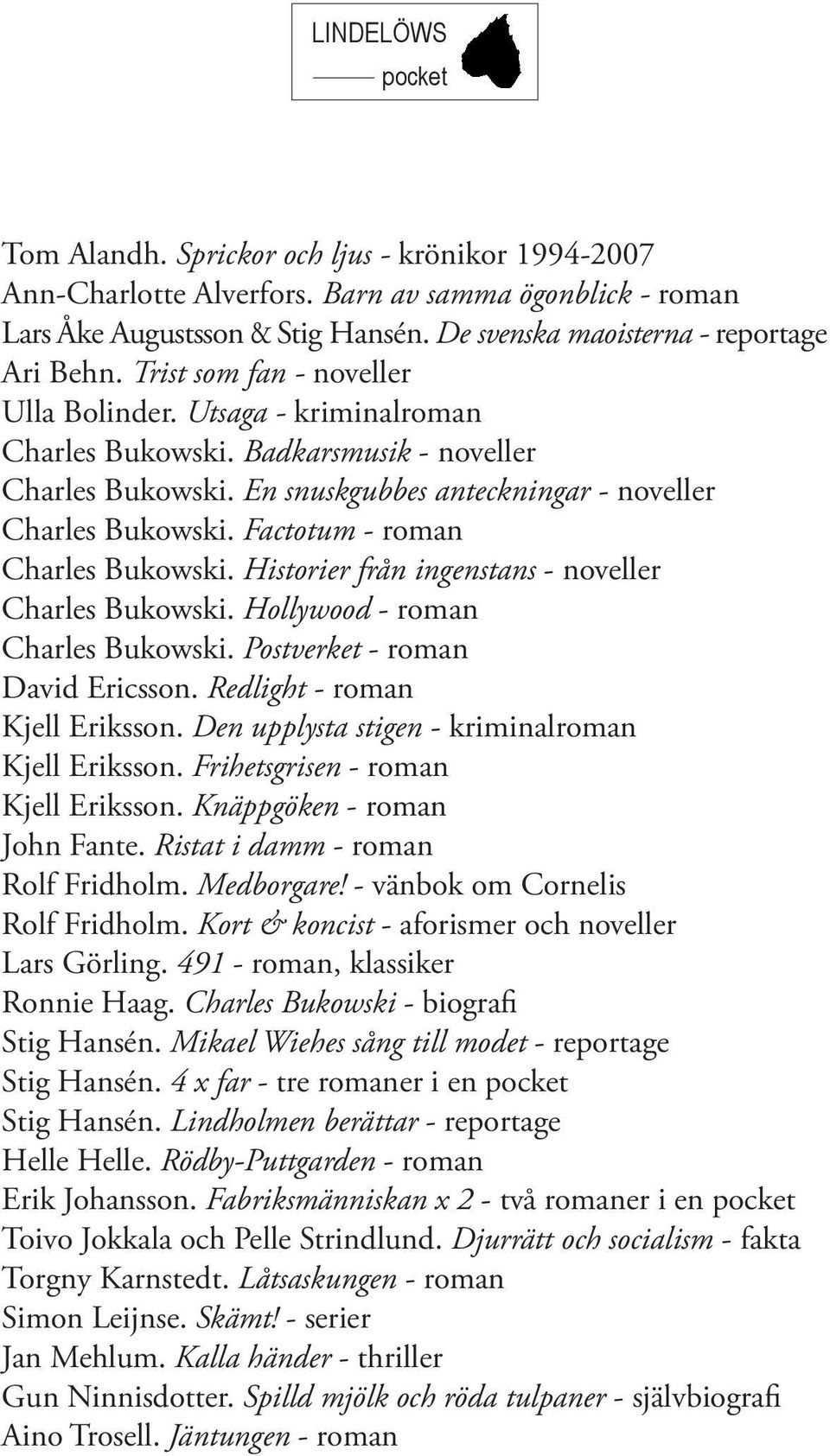 En snuskgubbes anteckningar - noveller Charles Bukowski. Factotum - roman Charles Bukowski. Historier från ingenstans - noveller Charles Bukowski. Hollywood - roman Charles Bukowski.