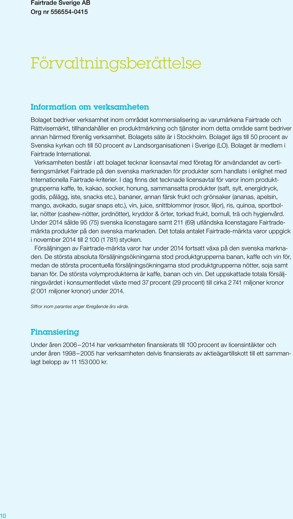 Bolaget ägs till 50 procent av Svenska kyrkan och till 50 procent av Landsorganisationen i Sverige (LO). Bolaget är medlem i Fairtrade International.