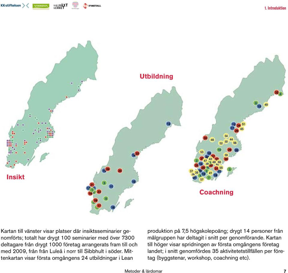Mittenkartan visar första omgångens 24 utbildningar i Lean produktion på 7,5 högskolepoäng; drygt 14 personer från målgruppen har deltagit i snitt per