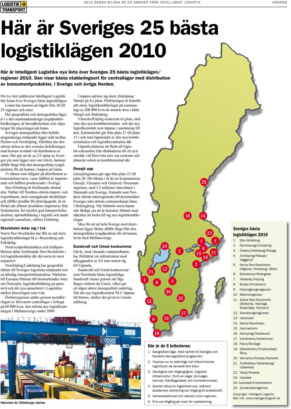 För 6:e året publicerar Intelligent Logistik här listan över Sveriges bästa logistiklägen. Listan har numera utvidgats från 20 till 25 regioner och orter.