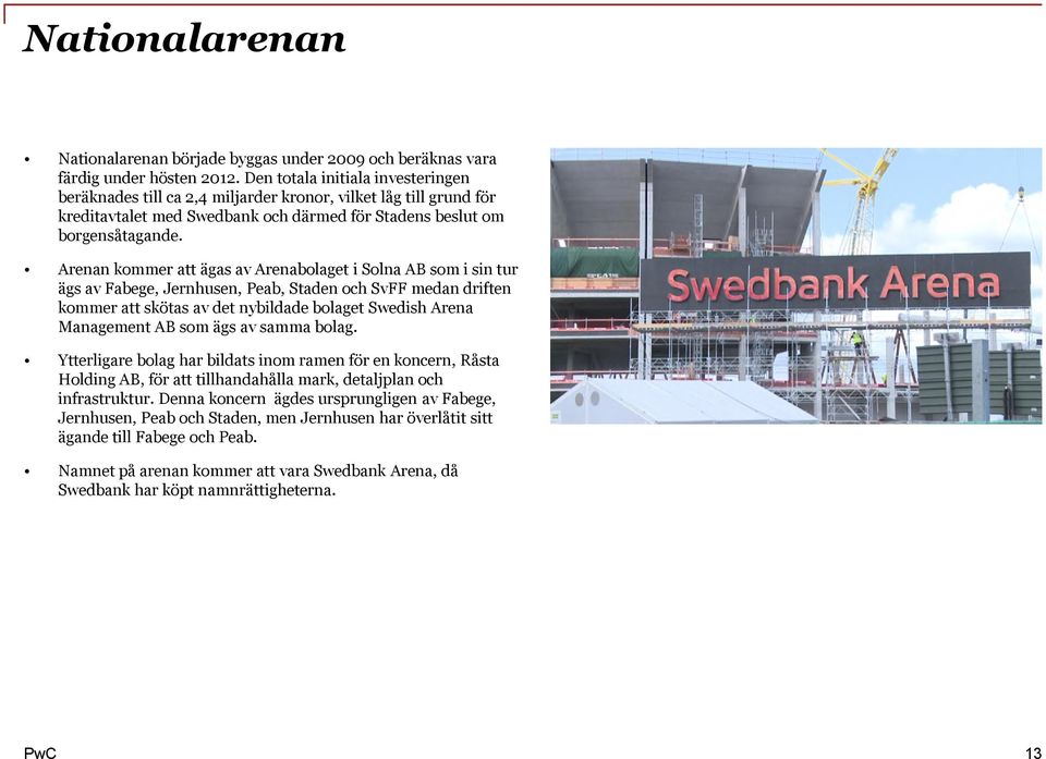 Arenan kommer att ägas av Arenabolaget i Solna AB som i sin tur ägs av Fabege, Jernhusen, Peab, Staden och SvFF medan driften kommer att skötas av det nybildade bolaget Swedish Arena Management AB