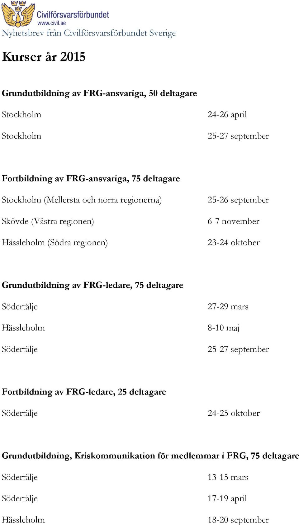 6-7 november 23-24 oktober Grundutbildning av FRG-ledare, 75 deltagare Hässleholm 27-29 mars 8-10 maj 25-27 september Fortbildning av