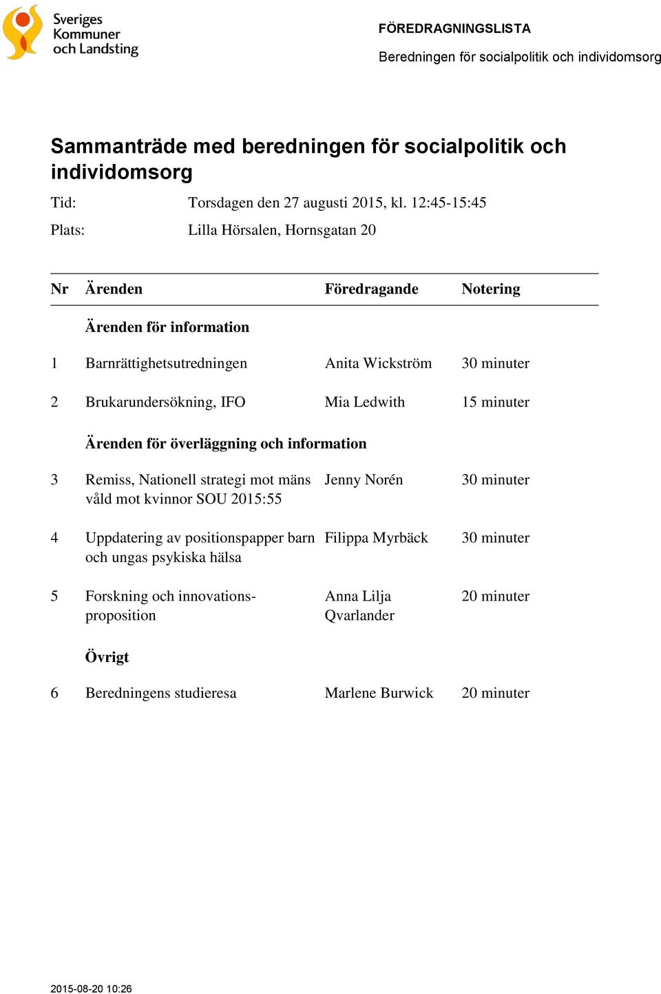 Ärenden för överläggning och information 3 Remiss, Nationell strategi mot mäns våld mot kvinnor SOU 2015:55 4 Uppdatering av positionspapper barn och ungas psykiska hälsa 5