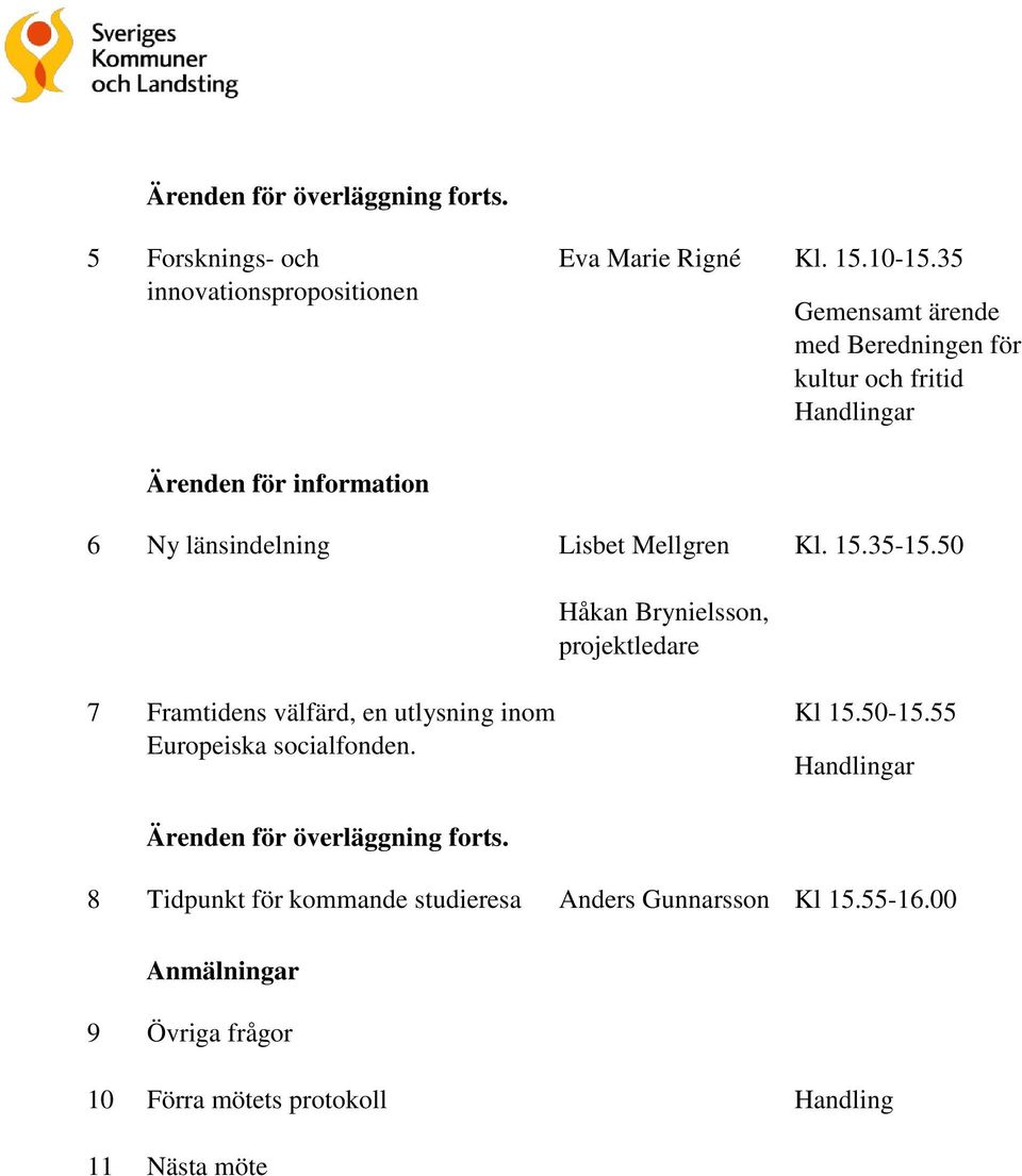 35-15.50 Håkan Brynielsson, projektledare 7 Framtidens välfärd, en utlysning inom Europeiska socialfonden. Kl 15.50-15.