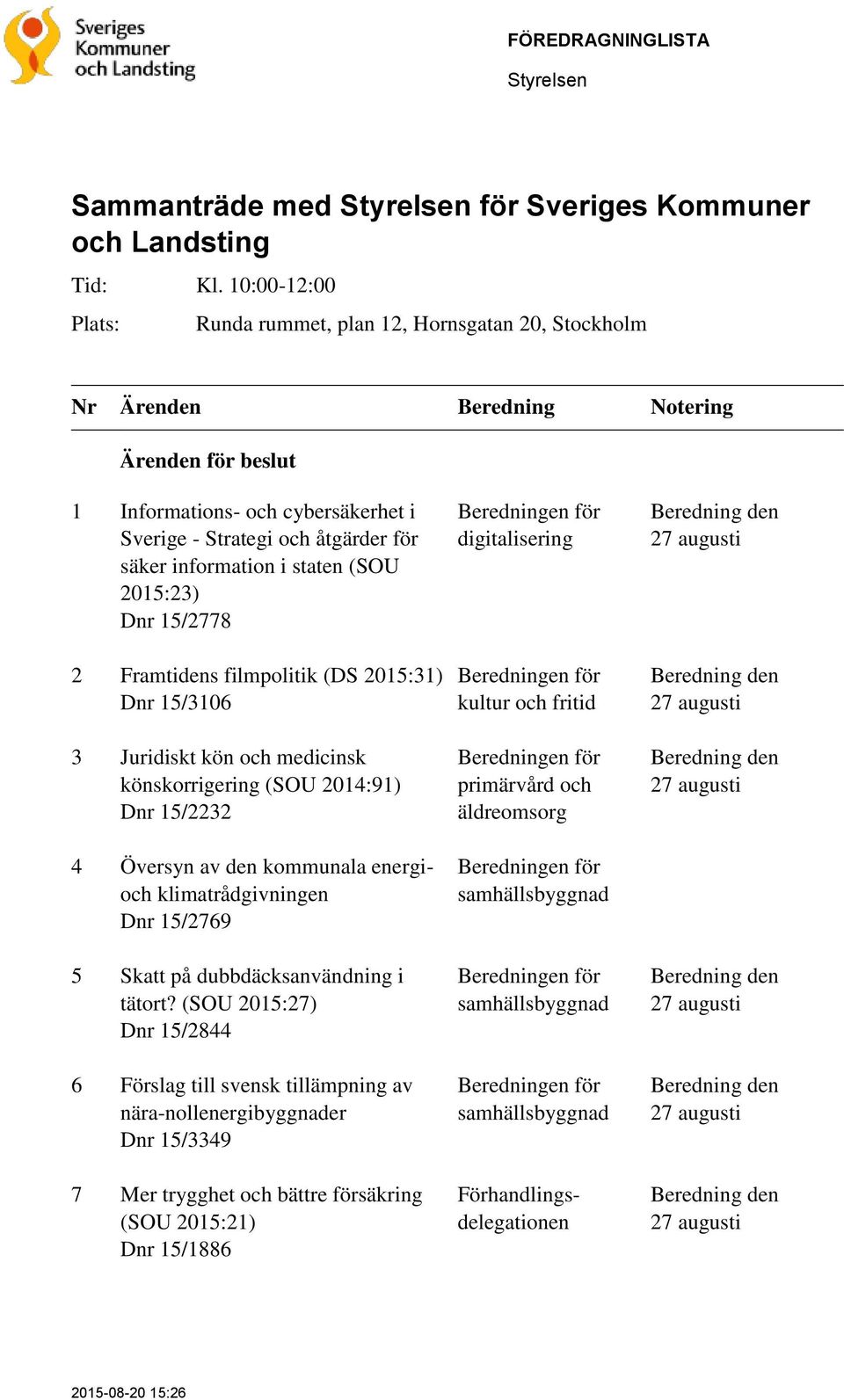 information i staten (SOU 2015:23) Dnr 15/2778 2 Framtidens filmpolitik (DS 2015:31) Dnr 15/3106 3 Juridiskt kön och medicinsk könskorrigering (SOU 2014:91) Dnr 15/2232 4 Översyn av den kommunala