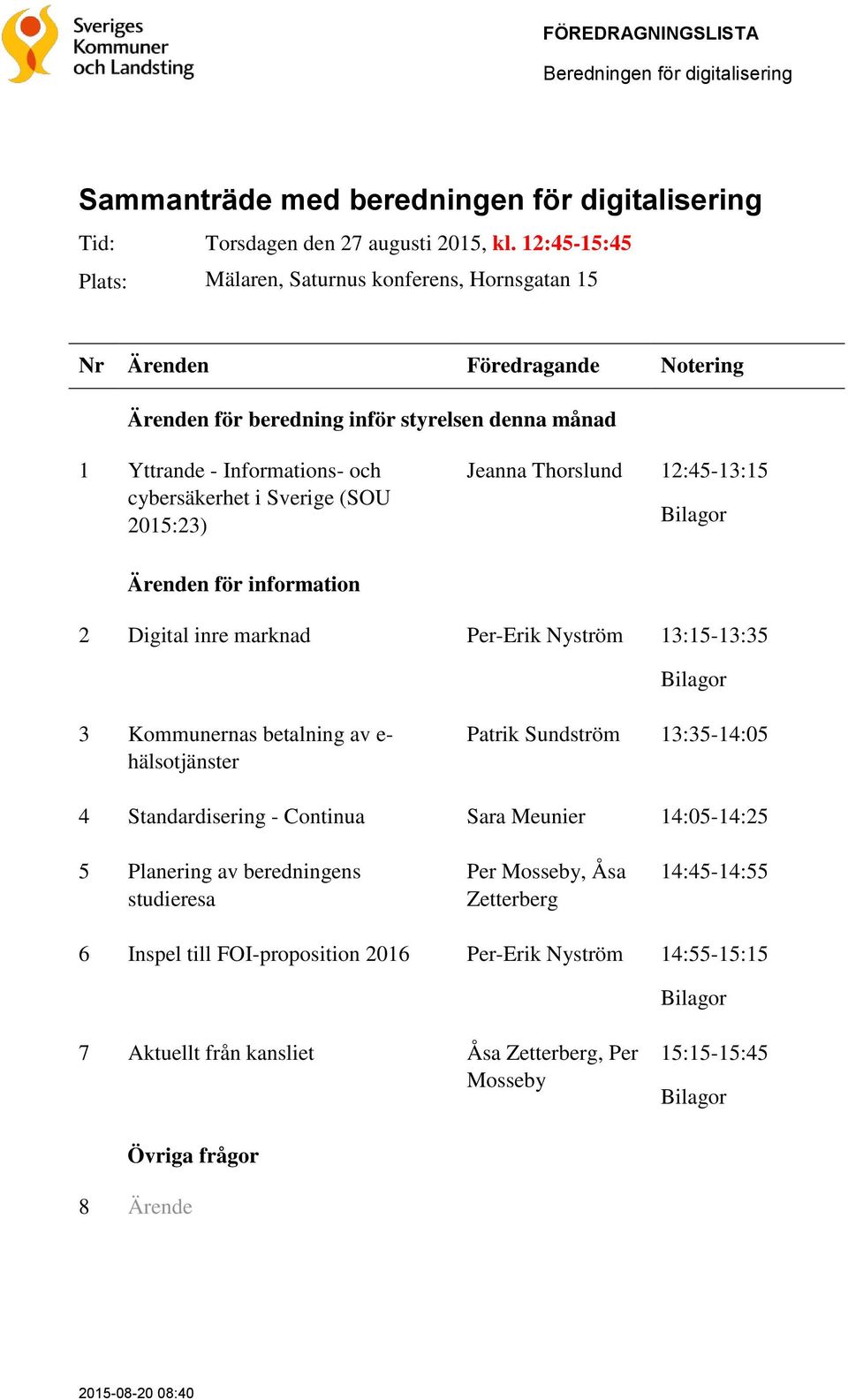 12:45-13:15 Bilagor Ärenden för information 2 Digital inre marknad Per-Erik Nyström 13:15-13:35 Bilagor 3 Kommunernas betalning av e- hälsotjänster Patrik Sundström 13:35-14:05 4 Standardisering -