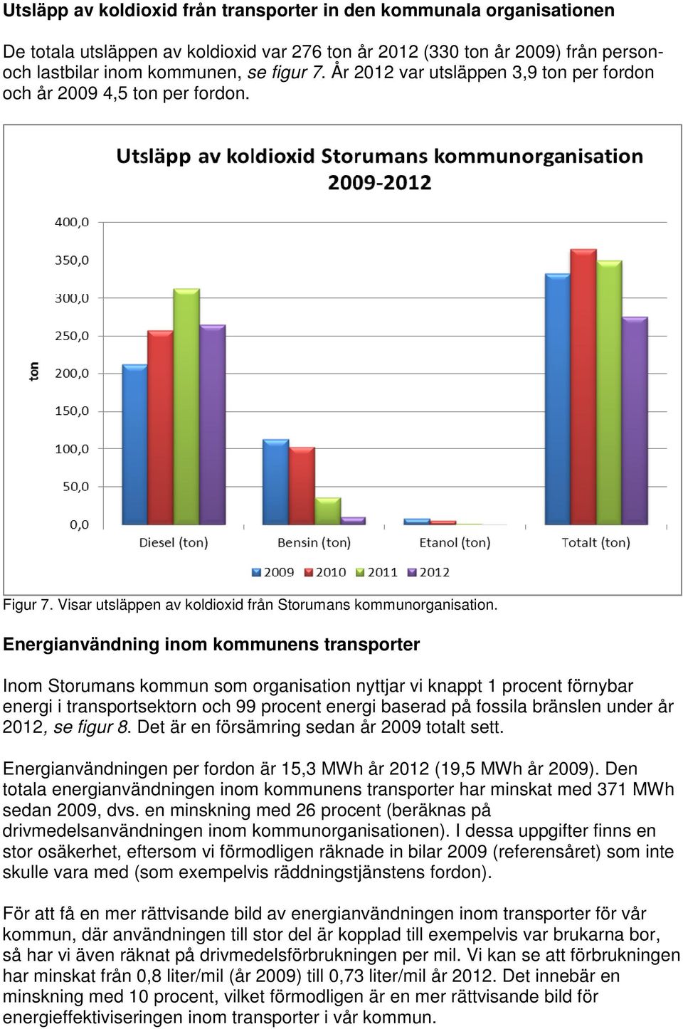 Energianvändning inom kommunens transporter Inom Storumans kommun som organisation nyttjar vi knappt 1 procent förnybar energi i transportsektorn och 99 procent energi baserad på fossila bränslen