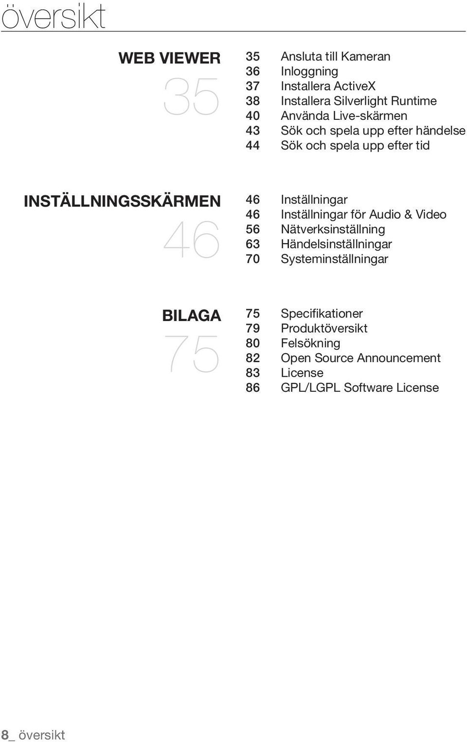 Inställningar 46 Inställningar för Audio & Video 56 Nätverksinställning 63 Händelsinställningar 70 Systeminställningar