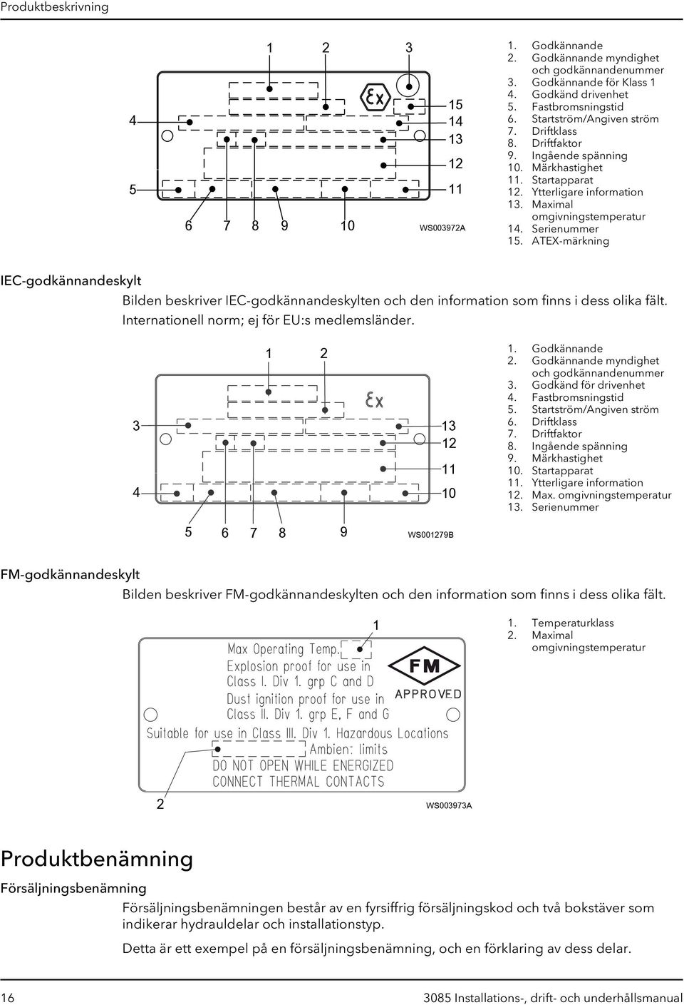 ATEX-märkning IEC-godkännandeskylt Bilden beskriver IEC-godkännandeskylten och den information som finns i dess olika fält. Internationell norm; ej för EU:s medlemsländer. 3 4 1 2 13 12 11 10 1.