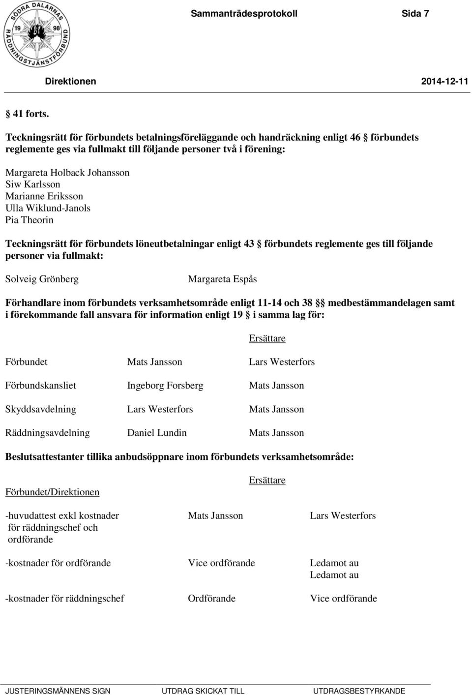 Marianne Eriksson Ulla Wiklund-Janols Pia Theorin Teckningsrätt för förbundets löneutbetalningar enligt 43 förbundets reglemente ges till följande personer via fullmakt: Solveig Grönberg Margareta