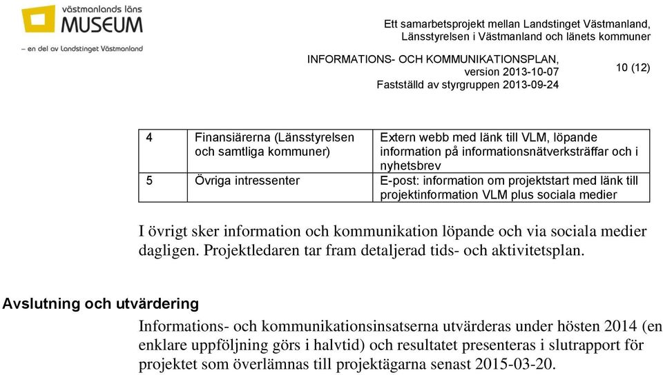 och via sociala medier dagligen. Projektledaren tar fram detaljerad tids- och aktivitetsplan.