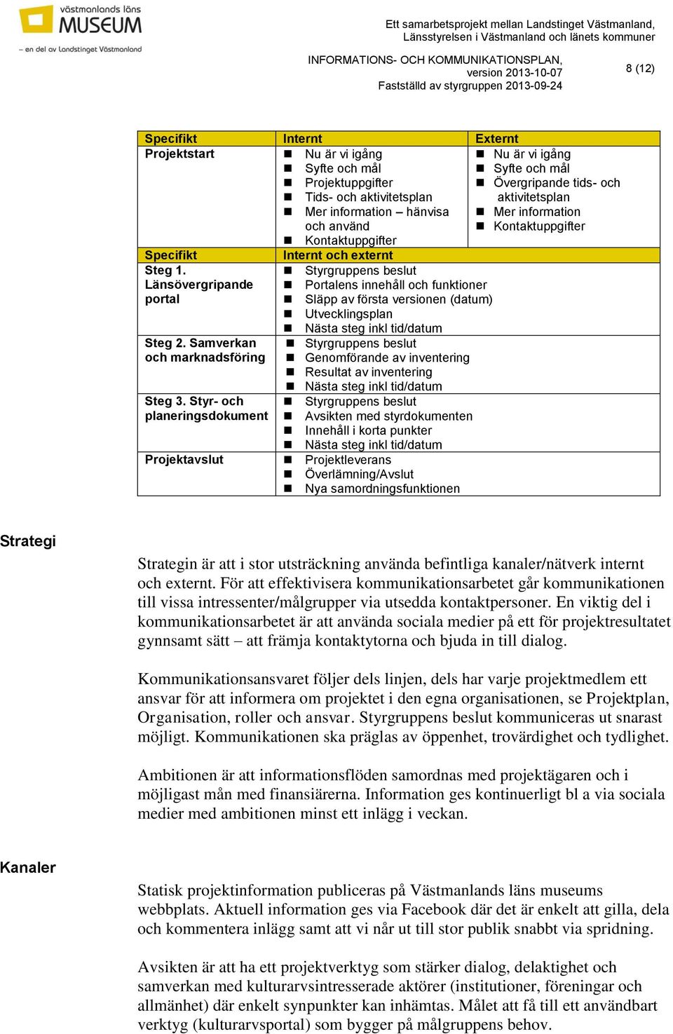 Styr- och planeringsdokument Projektavslut Internt och externt Styrgruppens beslut Portalens innehåll och funktioner Släpp av första versionen (datum) Utvecklingsplan Nästa steg inkl tid/datum