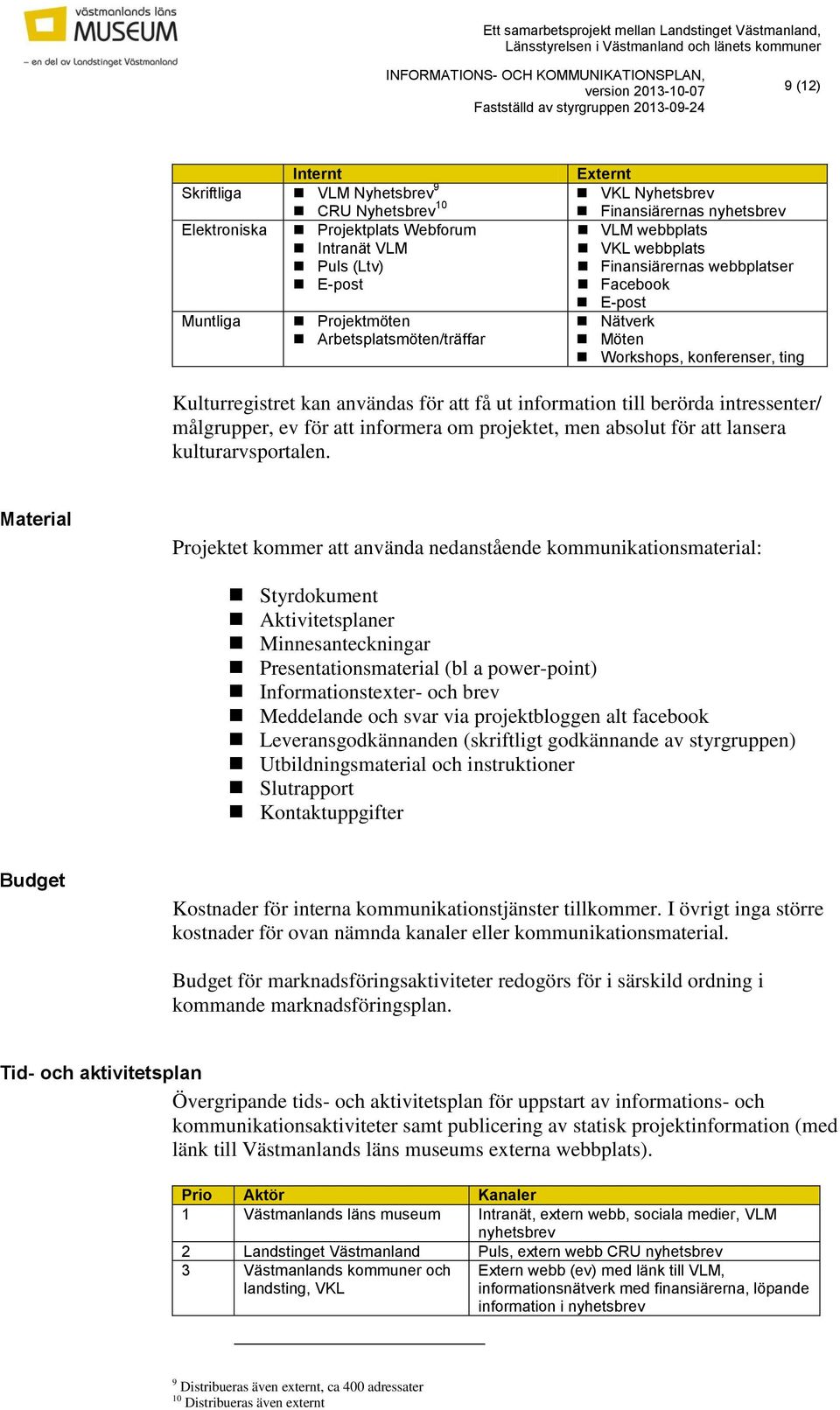 berörda intressenter/ målgrupper, ev för att informera om projektet, men absolut för att lansera kulturarvsportalen.