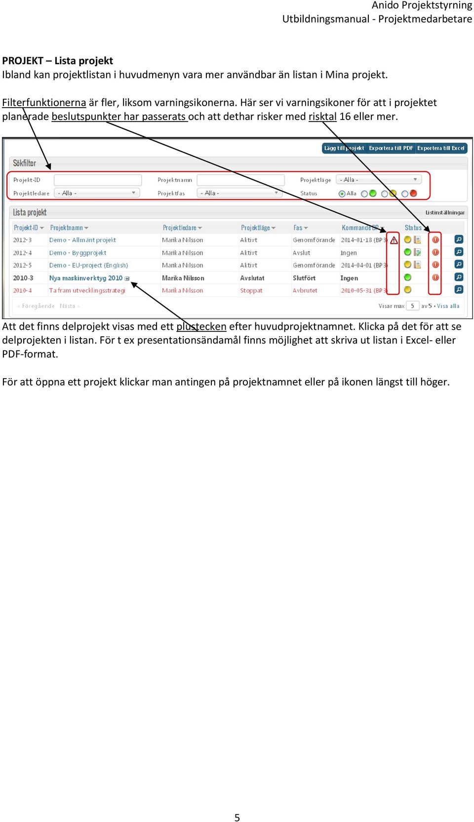 Här ser vi varningsikoner för att i projektet planerade beslutspunkter har passerats och att dethar risker med risktal 16 eller mer.