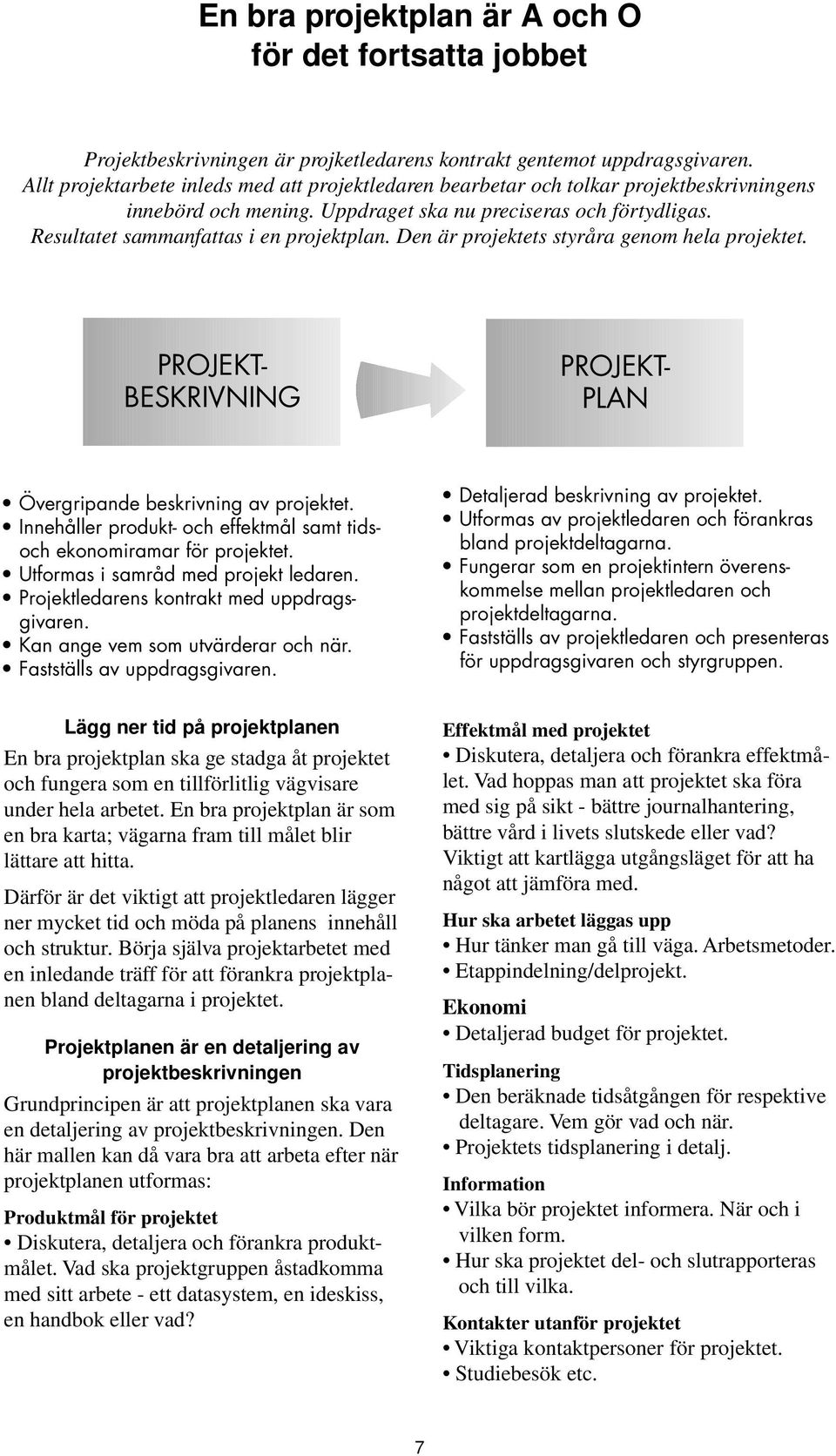 Den är projektets styråra genom hela projektet. PROJEKT- BESKRIVNING PROJEKT- PLAN Övergripande beskrivning av projektet. Innehåller produkt- och effektmål samt tidsoch ekonomiramar för projektet.