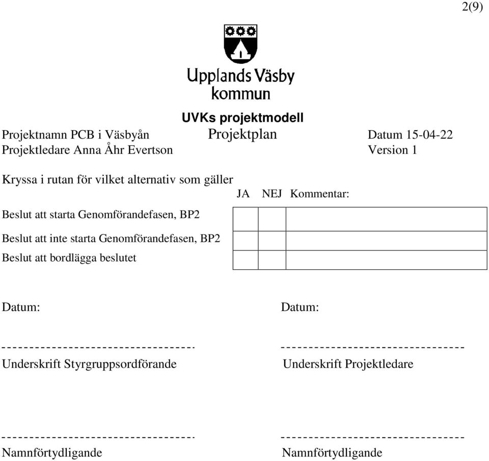 Genomförandefasen, BP2 Beslut att bordlägga beslutet Datum: Datum: