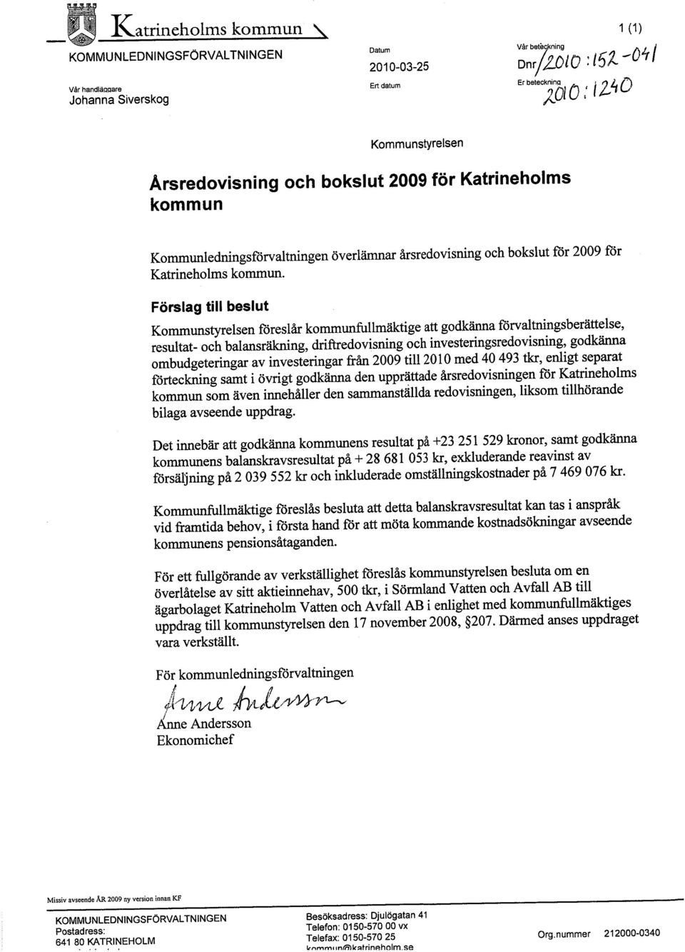 Förslag til beslut Kommunstyrelsen föreslår kommunllmäktige att godkäna förvaltningsberättelse, resultat- och balansräkng, drftredovisning och investeringsredovisning, godkäna 2010 med 40493 tkr,