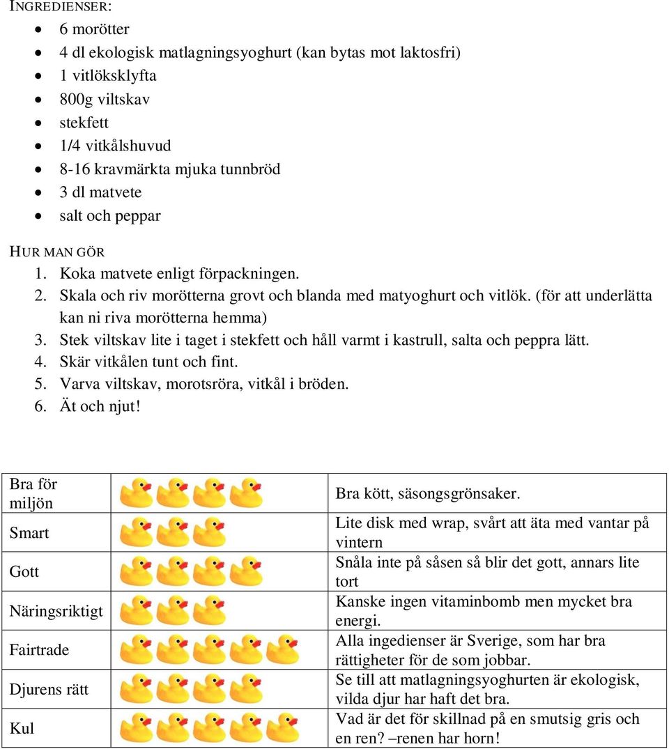 Stek viltskav lite i taget i stekfett och håll varmt i kastrull, salta och peppra lätt. 4. Skär vitkålen tunt och fint. 5. Varva viltskav, morotsröra, vitkål i bröden. 6. Ät och njut!