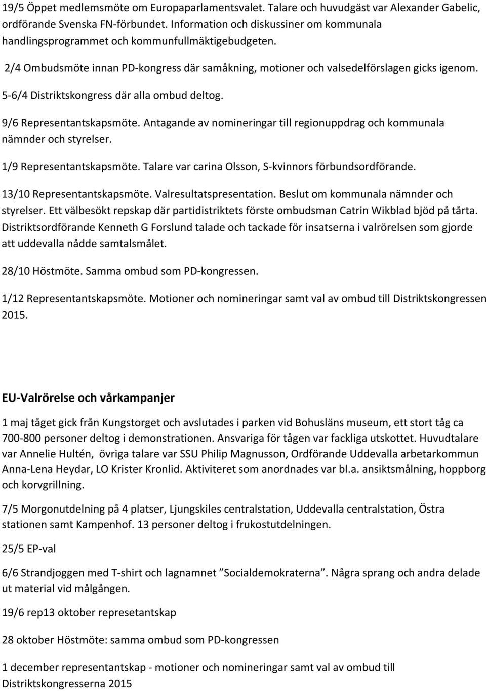 5-6/4 Distriktskongress där alla ombud deltog. 9/6 Representantskapsmöte. Antagande av nomineringar till regionuppdrag och kommunala nämnder och styrelser. 1/9 Representantskapsmöte.