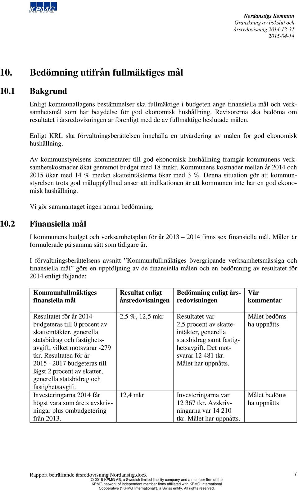 Revisorerna ska bedöma om resultatet i årsredovisningen är förenligt med de av fullmäktige beslutade målen.