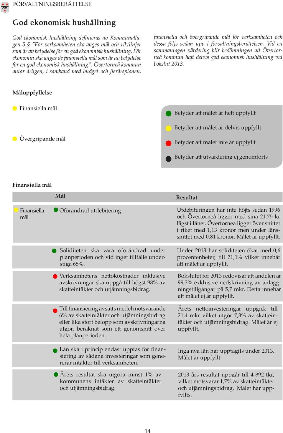 Övertorneå kommun antar årligen, i samband med budget och flerårsplanen, finansiella och övergripande mål för verksamheten och dessa följs sedan upp i förvaltningsberättelsen.