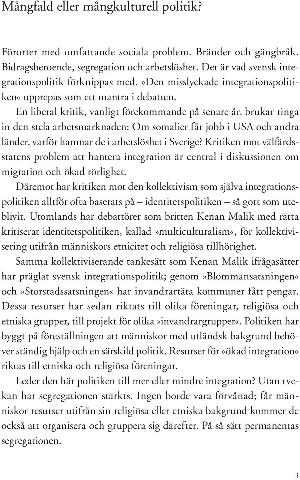 En liberal kritik, vanligt förekommande på senare år, brukar ringa in den stela arbetsmarknaden: Om somalier får jobb i USA och andra länder, varför hamnar de i arbetslöshet i Sverige?